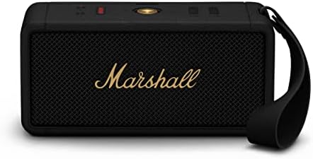 Marshall Middleton kabelloser tragbarer Bluetooth-Lautsprecher, über 20 Stunden tragbare Spielzeit, wasserfest IP67 – Schwarz und Messing