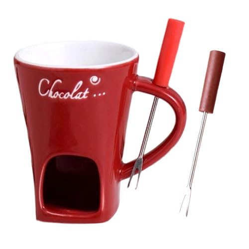 Tasse à Fondue, Tasse Fondue Chocolat, Tasse à Chocolat, Fondoir à Chocolat, Pot à Fromage, Mug Fondue Chocolat 130 ml avec Fourchette, pour le Fromage, le Chocolat, le Beurre et le Caramel, Rouge