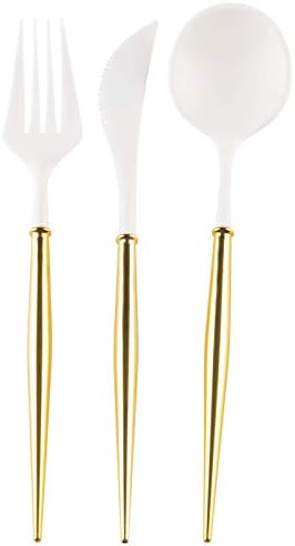 Sophistiplate Bella Flatware Cutlery Set for 12 | Fork, Spoons & Knives Silverware Utensil Set | Reusable Dinnerware Sets Plastic & Top Rack Dishwasher Safe | White with Gold Handle 36 Count