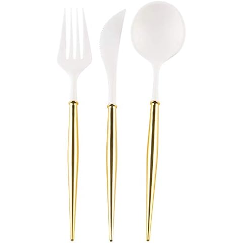 Sophistiplate Bella Flatware Cutlery Set for 12 | Fork, Spoons & Knives Silverware Utensil Set | Reusable Dinnerware Sets Plastic & Top Rack Dishwasher Safe | White with Gold Handle 36 Count Cover