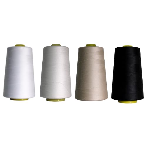 Rhapsew Overlocking Thread Cones – 4 x 5000m | Assorted Sets | Polyester Overlocker Thread for Serger & Sewing Machines | Tailoring, Dressmaking & Repairs (White,Natural,Cream,Black)