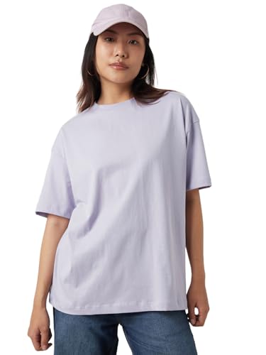 Image of Bewakoof Women's Solid Oversized Fit Half Sleeve Round Neck Cotton Jersey T-Shirt