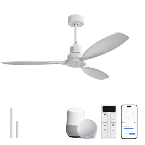 Image of Sofucor 52 Inch Solid Wood Ceiling Fans no Light, Works with App /Alexa /Google, Dimmable 6-Speed Outdoor Ceiling Fan with Remote for Indoor Bedroom Living Room Outdoor Patio Porch