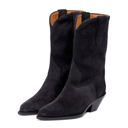 anteikira Women's Pointed Toe Fashion Pull On Mid Calf Boots Chunky Block Heel Western Boots Faux Suede Low Heel Cowgirl Boots Size 5.5-12US