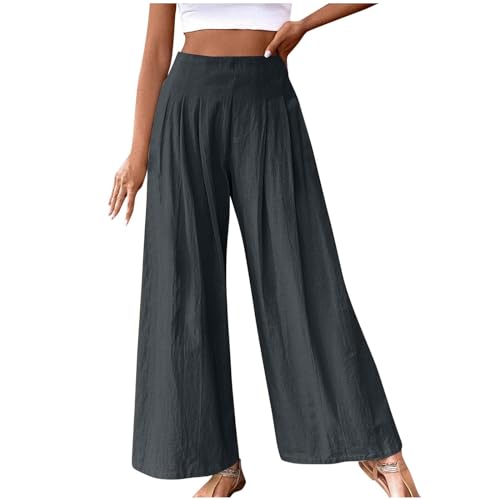 Womens Linen Wide Leg Pants Elastic Waist Boho Pants Summer Fashion Vacation Beach Casual Trousers for Holiday Dark Gray