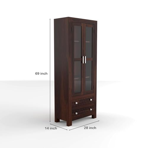 Image of Solid Sheesham Wood Bookshelf with Acrylic Glass Door & Storage Drawers | Rosewood Display Cabinet for Living Room & Office (Walnut Finish)