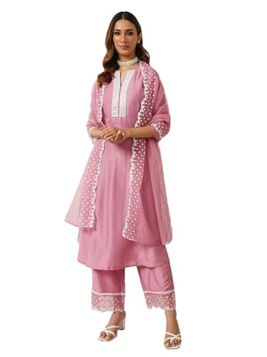 Image of FIORRA Women's Pink Silk Blend Flared Kurta & Palazzo With Dupatta