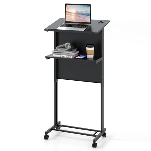 Giantex Rolling Podium Stand, 3-Position Height Adjustable Lectern Table with Tilted Tabletop, Mobile Laptop Cart, Storage Shelf, Lockable Casters, Ideal for Classroom, Office, Churches, Black