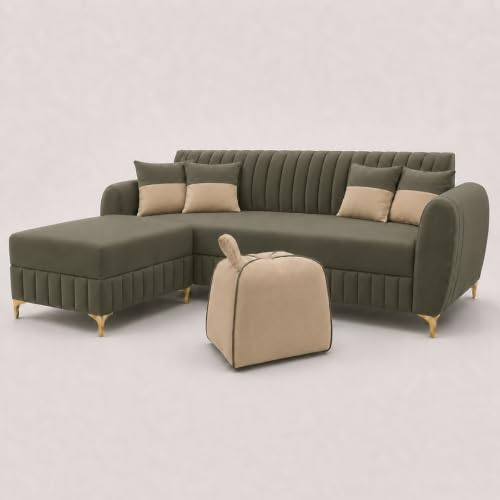 Image of CASASTYLE Signature Velour 4-Seater L-Shape Sofa Set with Movable Ottoman & Suri Pouf | Flexible LHS /RHS Layout | Boston Fabric | 40D Foam + Zigzag Spring | 3-Yr Warranty (Olive Green,Sand Beige)