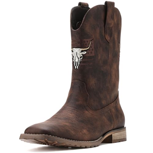 Image of JASONSTAR Western Cowboy Boots for men, Vintage Distressed Brown Square Toe Mid-Calf Boots with Longhorn Skull American Flag Embroidery, Non-Slip Rubber Sole Comfortable for Riding Outdoor Daily Wear