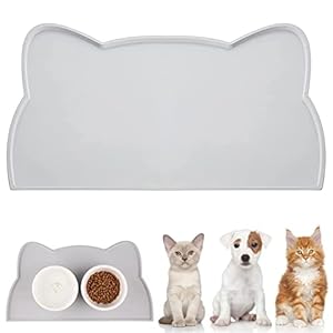 Futtermatten für Hunde, Premium wasserdichte und rutschfeste Silikon Napfunterlage für Fressnäpfe, 25 x 44 cm Futtermatte Katzen, Süße Katzenkopfform Hundenapf Unterlage für Hund Katze (25×44, Grau)
