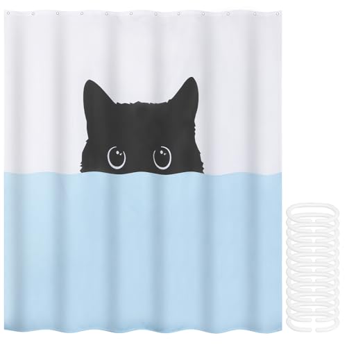 Decorative Cat Shower Curtain, Washable Polyester Shower Curtain, Funny Animal Shower Curtain, Cat Holding Trident Arrow Curtain, Whale Cat Shower Curtain Set. (Colour mixture, 180x180cm, Peeking Cat)