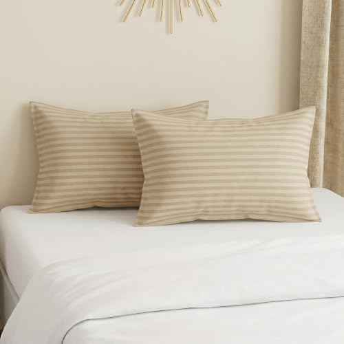 Image of Filymore Double Bed Bedsheet with 2 Pillow Covers, 300 TC Soft Microfiber Satin Striped Bedsheet, Cream Striped Bedcover for Double Bed, Breathable & Comfortable Bedding Set (90x90 Inches)