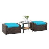 All Weather Outdoor Ottoman Set of 2 with Glass Coffee Table, PE Rattan Outdoor Couch with Metal Frame Removable & Washable Cushion for Patio Garden Balcony, Blue&Brown