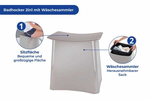 WENKO Maximex Wing Badhocker und Wäschekorb, Hocker mit Deckel und herausnehmbarem Wäschesack, Kunststoff, Fassungsvermögen 33 L, 45 x 48 x 33 cm, Taupe