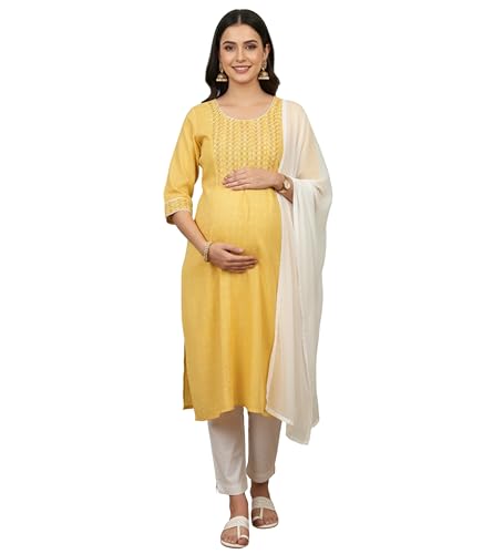 Image of DUMMY SHAPE Feeding Dresses for Women Full Set | Cotton Blend Floral Embroidered Kurta Pant Dupatta Suit with Nursing Zippers to Pre & Post Pregnancy | Gift for Pregnant Woman