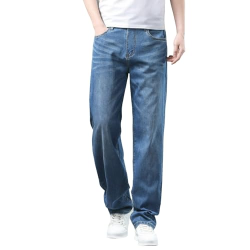 Jeans Pants Trouser Denim Large Size Thin Stretch Fat Plus Trendy Casual Washed Blue Loose Straight Leg for Men