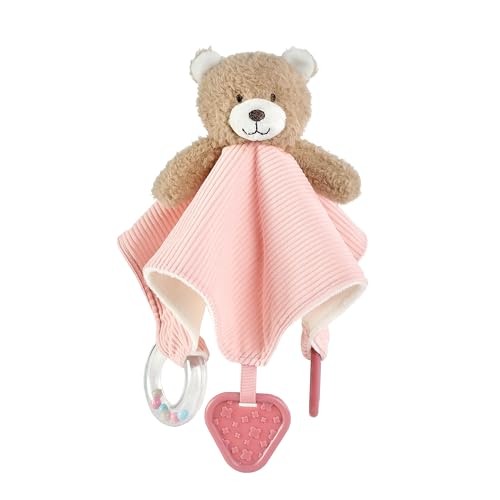 Image of CREVENT 3-in-1 Baby Lovey Blanket with Teether & Rattle | Plush Chewable Animal Head Security Blanket, Birthday Gift - Pink Bear