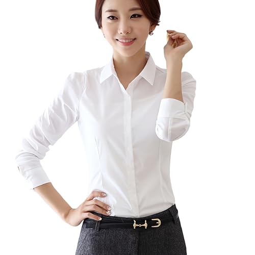 [KOEKOI] シャツブラウス レディース 長袖 大きいサイズ カットソー トップス インナー つけ襟 レイヤード 重ね着 付け襟 タートルネック 無地 Tシャツ オフィス カジュアル ビジネス 通勤 春 秋 日常 通気性 (JP, アルファベット, XL, 白) - KOEKOI - 商品画像