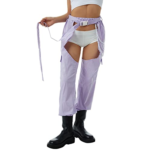 Sexy Buckle Bottomless Pants Women Hollow Out See Through Rave Chaps Hiphop Rock Crotch Pants Belted Cargo Trousers