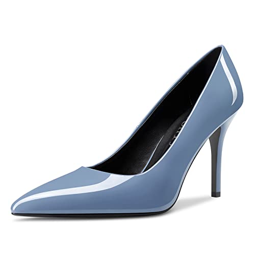 DearOnly Womens Pumps Pointed Toe Slip On Stiletto High Heel Patent Dress Shoes Office Blue 3 3.5 Inch 7.5 US
