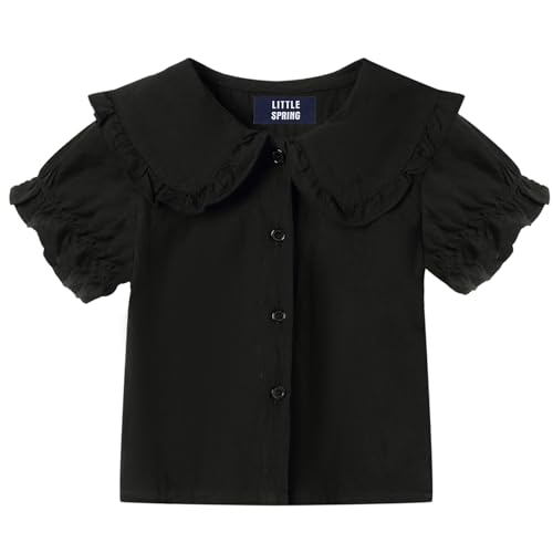 Image of LittleSpring Girls Short Sleeve Peter Pan Blouse with Elastic Cuffs