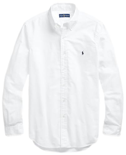 POLO RALPH LAUREN Men's Long Sleeve Slim Fit Oxford Button Down Shirt, White Solid Pony, Large