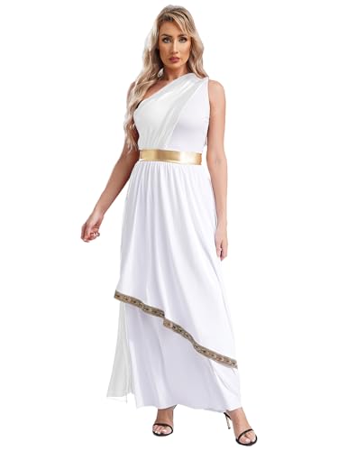 Kvysinly Griechische Göttin Kostüm Damen Eine Schulter Chiffon Halloween Römerin Kleid Lang Fasnacht Partykleid Weiß L