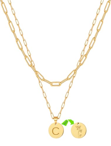 RENDGO Gold Initial Necklaces for Women,18K Gold Plated Letter C Necklace |Custom Birth Floral Necklace|Preppy Jewelry|Layering Gold Jewelry for Women Gifts — view 3