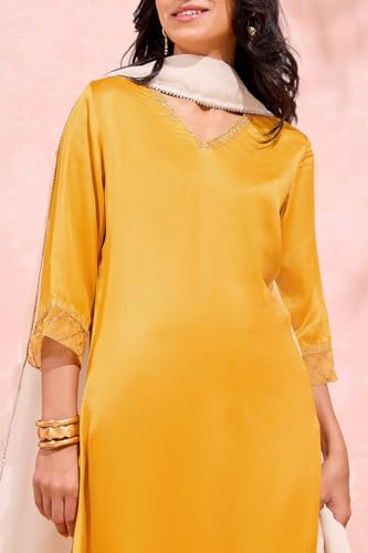 Image of Taneira Women Dark Yellow Viscose Embroidered Kurta Set