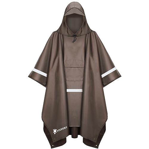 PTEROMY Hooded Rain Poncho for Adult with Pocket, Waterproof Lightweight Unisex Raincoat for Hiking Camping Emergency (Brown w/Reflective Stripe)
