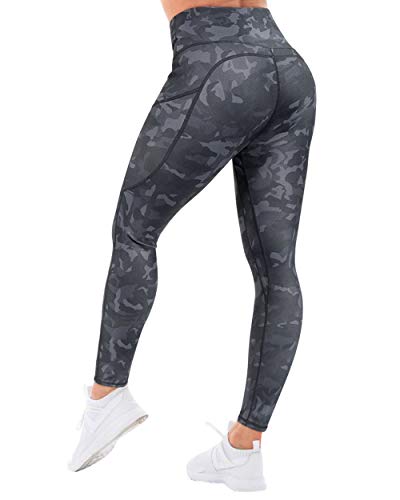KUNISUIT Women High Waisted Printed Leggings Yoga Pants with Pocket Buttery Soft Workout Tights (X-Large,Grey Camo)