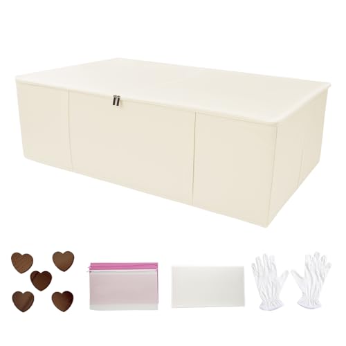 Wekuch Wedding Dress Storage Box – Large Wedding Dress Preservation Box 94L with Acid-Free Tissue Paper, Cedar Wood Blocks, White Gloves & Dust Bag for Bridal Gown Preservation (Beige)