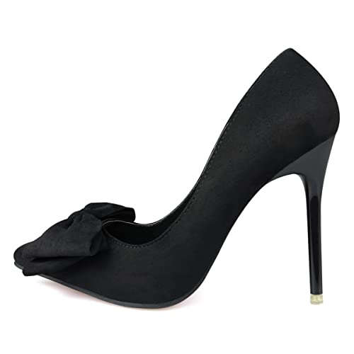 JiangWei Shu Women's Suede Bow Knot High Heel Elegant Pointed Toe Pumps Shoes Heeled Stilettos2
