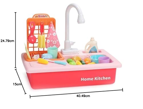 Image of Kitchen Sink Toy Set with Running Water Tap - Pretend Play Dishwasher Kitchen Playset with Utensils, Cups, Vegetables & Cleaning Accessories for Boys and Girls Kids