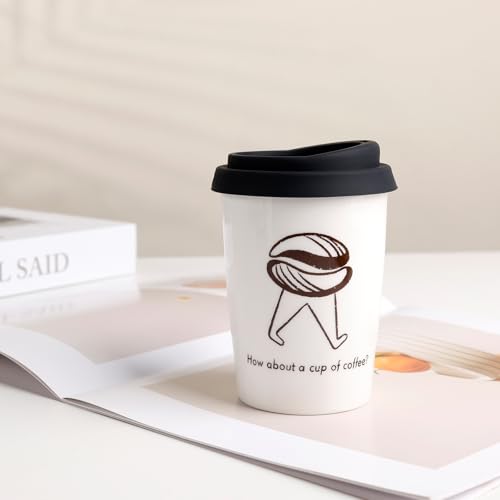 Umlaca Coffee Cup Ceramic Travel Mug with Lid for Hot Drinks, Insulated Double Wall Mug, 8.4oz/250ml, BPA Free, Dishwasher Safe, for Home, Office, Car, to Go, Coffee Bean Pattern