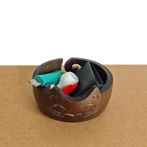 Image of Cute Cat Yarn Bowl, New Yarn Bowls Yarn Storage Bowl with Carved Holes & Drill, Creative Wooden Handmade Round Woolen Bowl for DIY Knitting Crocheting Accessories (Brown)