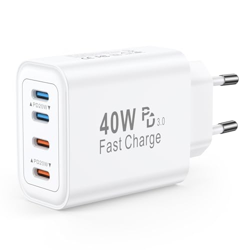 40W USB C Ladegerät Mehrfach 4 Port USB C Stecker Steckdose Adapter Schnellladegerät Für iPhone 17/16/15/14/13/12/11/XS/XR/8/7 iPad Pro/Air Samsung Galaxy S25/S24/S23/S22 Ladestecker USBC Netzteil