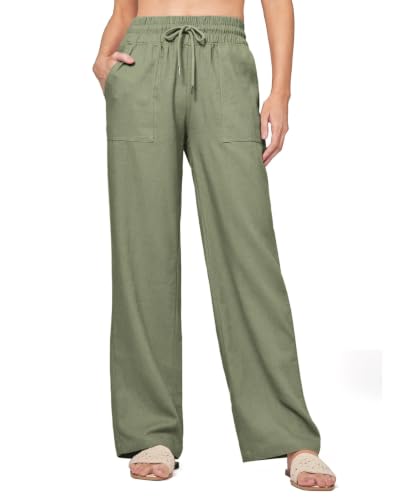 CHANGEOWN Womens Casual Linen Pants Drawstring Flowy Pants Loose Fit Summer Pants with Pockets Lounge Beach Pants, Saga Green, Small