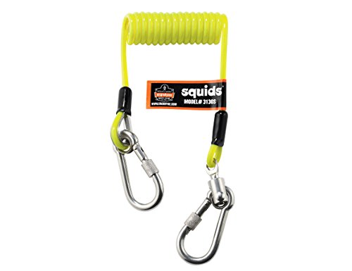 Ergodyne Squids 3130S Coiled Cable Tool Lanyard with Dual Stainless Steel Carabiners, 2 Pounds, Lime, Small