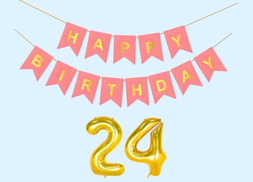 Image of 24th Happy Birthday Decoration Kit Light Pink for 24 year Old Boys Girls Men with Number Twenty-four Party Decorations Decor Celebration Items Item Set Combo Reusable Paper Banner