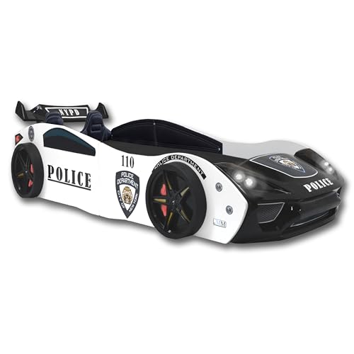 Aileenstore Autobett 90x200 Jungen Kinder Kinderbett Police + Sportsitze Rennwagenbett inkl. Lattenrost LED-Leuchte Spoiler (ohne Matratze)