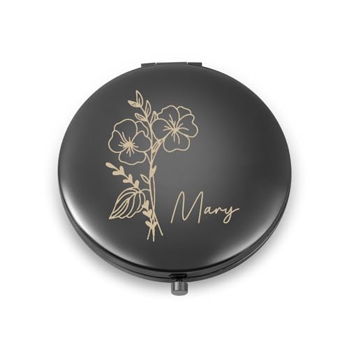 Giftider Miroir de Maquillage Personnalisé Grossissant et de Voyage avec Fleur d'Anniversaire Gravée - Miroir de Poche pour Mariage, Saint-Valentin, Noël - Cadeau pour Femmes et Filles (Noir)