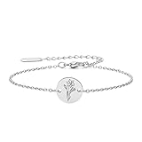 LOXUAKAM Pulsera de flores de nacimiento grabadas en oro de 18 quilates, pulseras con colgante floral personalizable, de acero inoxidable, cadena de disco con sello a mano, joyería personalizada para