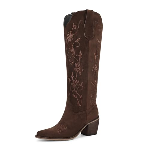 Image of wetkiss Cowboy Boots Womens Knee High Cowgirl Boots Embroidered Pointed Toe | Cowgirl Boots, Retro Embroidery, Block Heel, Stable and Comfortable, Pull-On, Style for a Classic Vintage Western Look