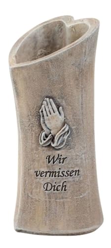 Grabvase mit Betenden Händen und Spruch 'Wir vermissen Dich', 17 cm, Grau-Beige