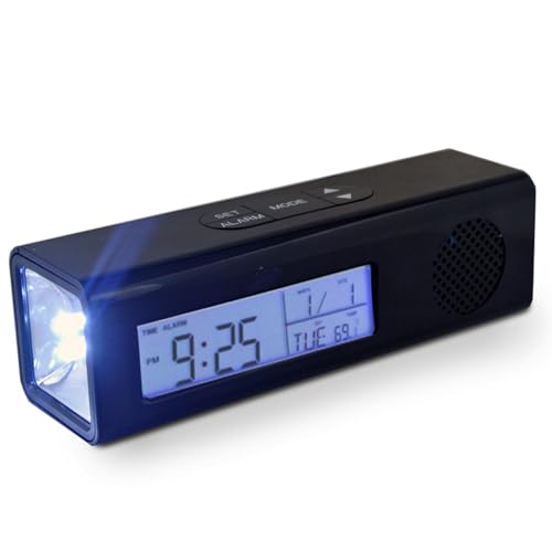 Fishtec Radio Réveil avec Torche LED - Rétroéclairage Écran, Température, Date & 9 Sons d'Alarme FM Portable à Piles Revêtement Soft Touch Modèle Light