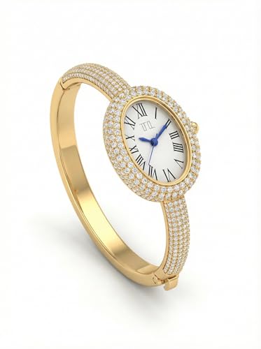 Image of TAKSH Jewels Elliora Luxe | Diamond-Encrusted Gold Bangle Watch | Roman Numeral Oval Dial