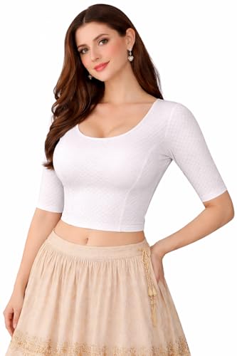 Image of Fressia Fabrics Pure Cotton 4-Way Stretch Readymade Blouse for Women | Free Size to 4XL Stretchable Round Neck Dobby Cotton Half Sleeve Readymade Saree Blouse for Women Stylish