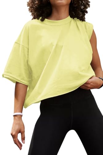 Image of HUGOOME Womens Oversized Workout Crop Top Casual Short Sleeve Boxy Roll Hem